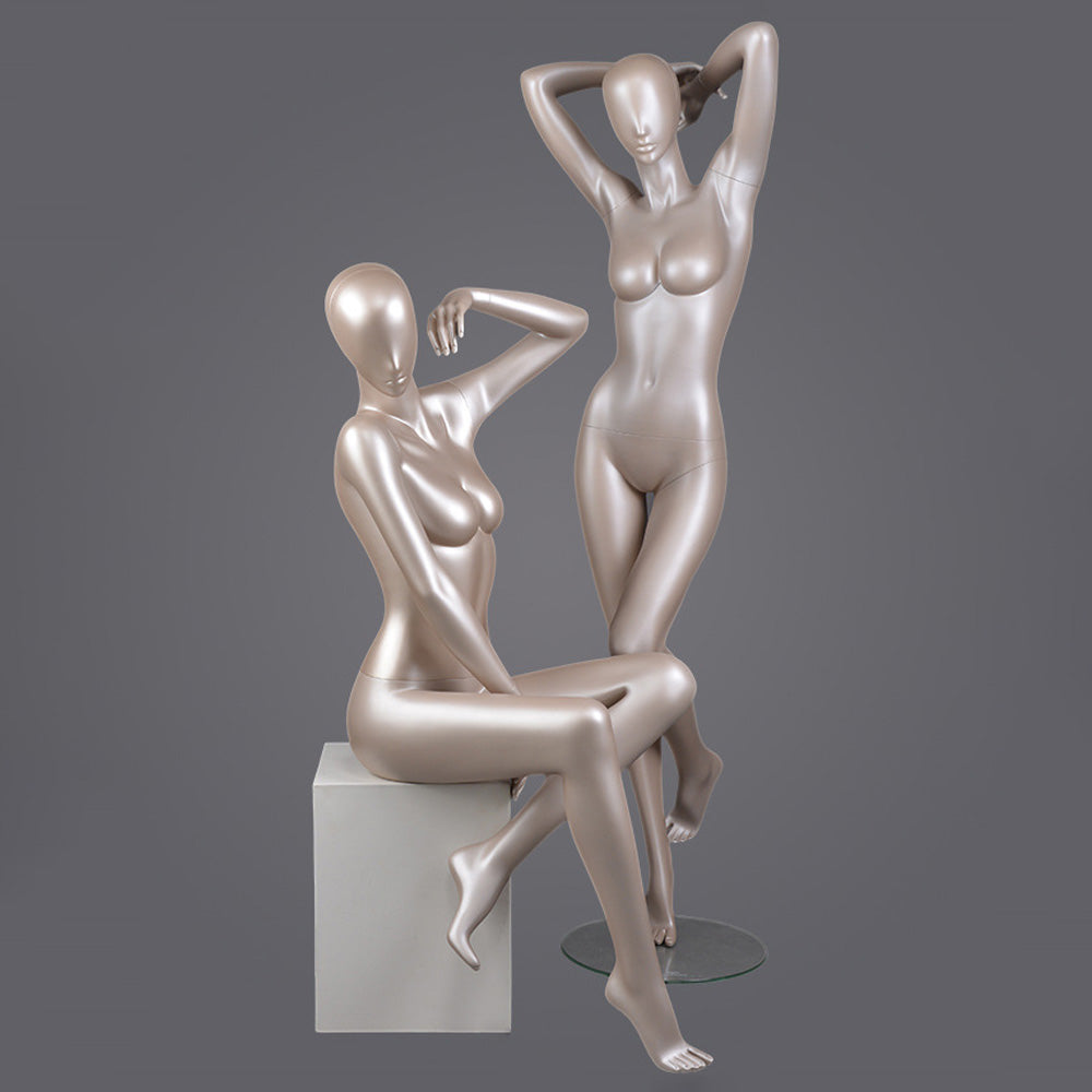 DE-LIANG Glossy Champagne Gold Female Full Body Mannequin Set, Realistic Fiberglass Standing & Sitting Display Models for Clothing Stores, Window Fashion Display, Boutique Dress Form Props