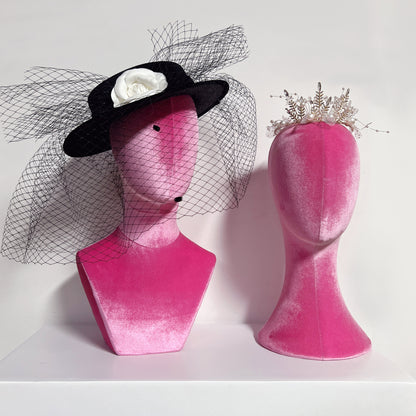 Luxurious Pink Velvet Head Model, Fully Pinnable Cloth Head Mannequin, Head Hat Stand/Display, lace Head Wig Stand, Hat Rack w/ Fabric DLA45-VPK/DLA38-VPK/DLA50-VPK DE-LIANG