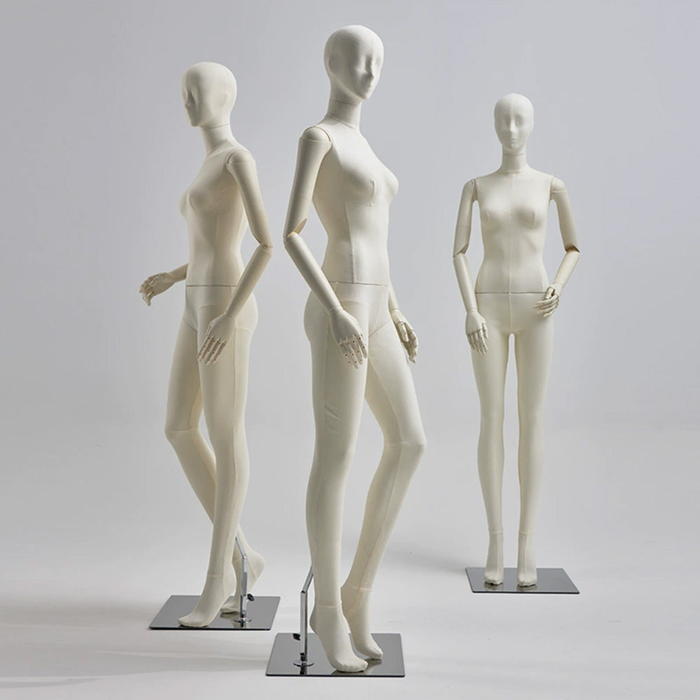DE-LIANG Luxury Full Body Female Mannequin Set,Fabric Covered Retail Display Mannequins with Arms & Metal Base,Window Display, Boutique Clothing Form, Retail Visual Merchandising