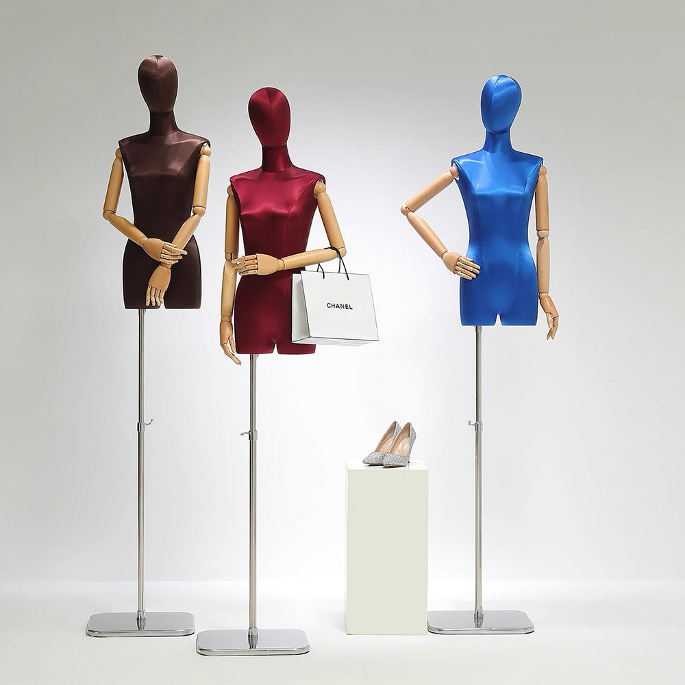 DE-LIANG Maniquí de medio cuerpo femenino, torso de maniquí adulto teñido, maniquí de seda ajustable para mujer, accesorios para modelos de ropa, maniquí de exhibición para dama con brazo de madera
