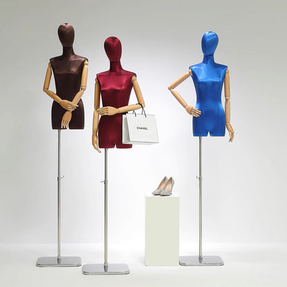 DE-LIANG Maniquí de medio cuerpo femenino, torso de maniquí adulto teñido, maniquí de seda ajustable para mujer, accesorios para modelos de ropa, maniquí de exhibición para dama con brazo de madera
