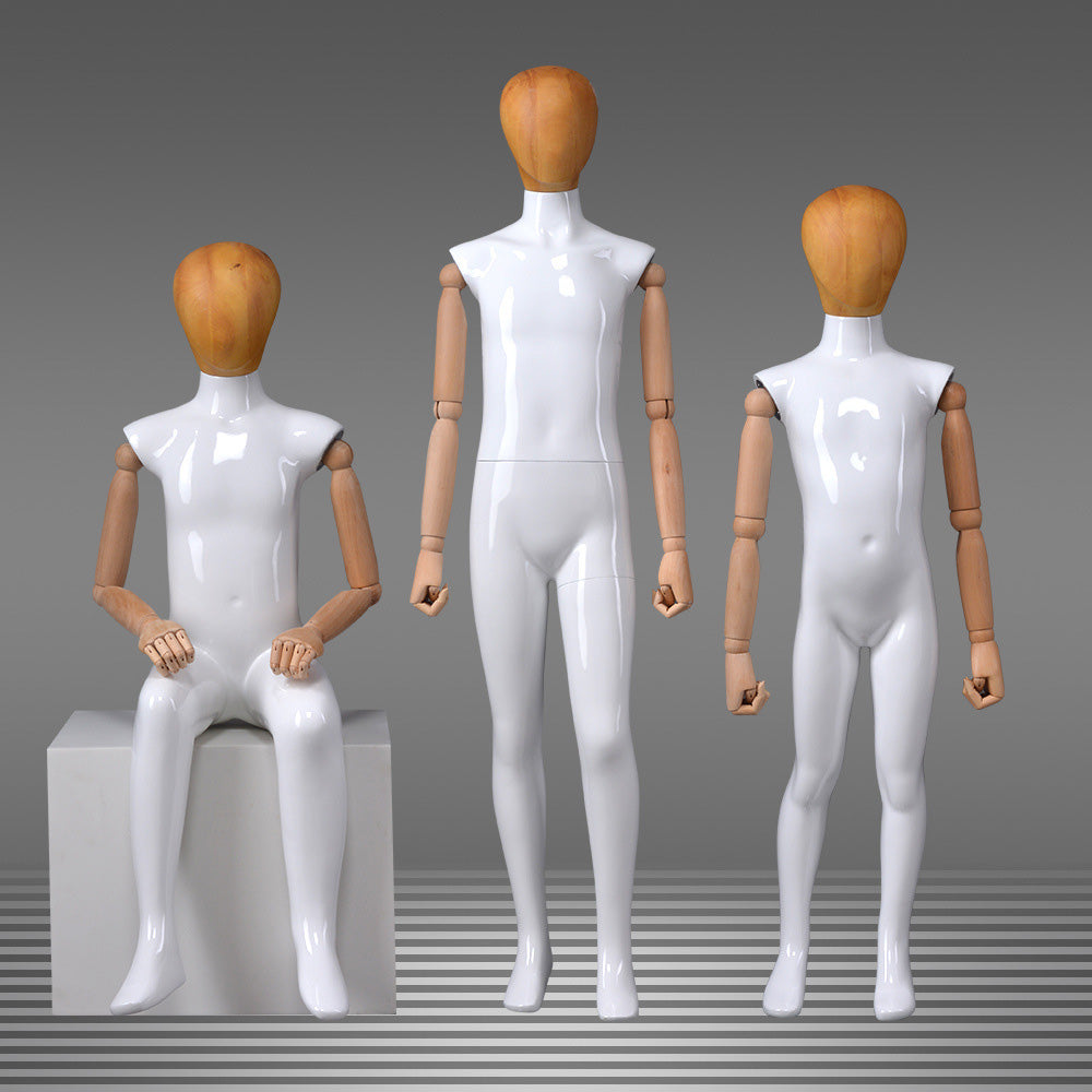 White Full Body Childs Mannequin with Wooden Arms & Head