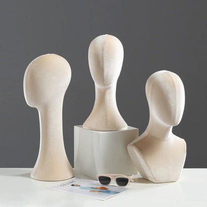 DE-LIANG Female Velvet Fabric Mannequin Head,Foam Mannequin Head Stand Jewelry Sunglasses Mask Scarf Headband Hat Earring Hair Wig Display Head