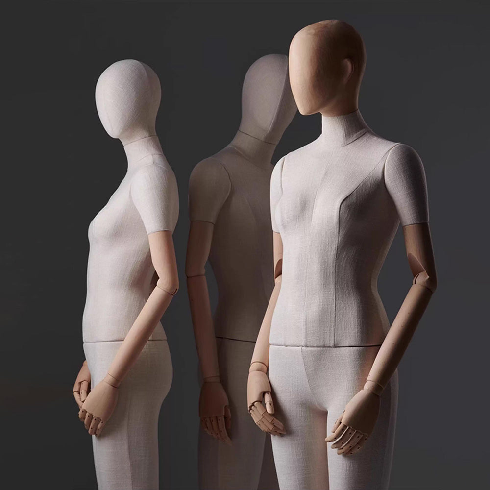 DE-LIANG Linen Full Body Mannequin: Sitting Display Form with Wooden Arms