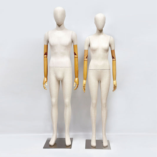 Luxury Female Male Full Body Bamboo Beige Linen Display Mannequin with Fiberglass Short Arms Maniquin Vintage,Jewelry bust display 1 pcs