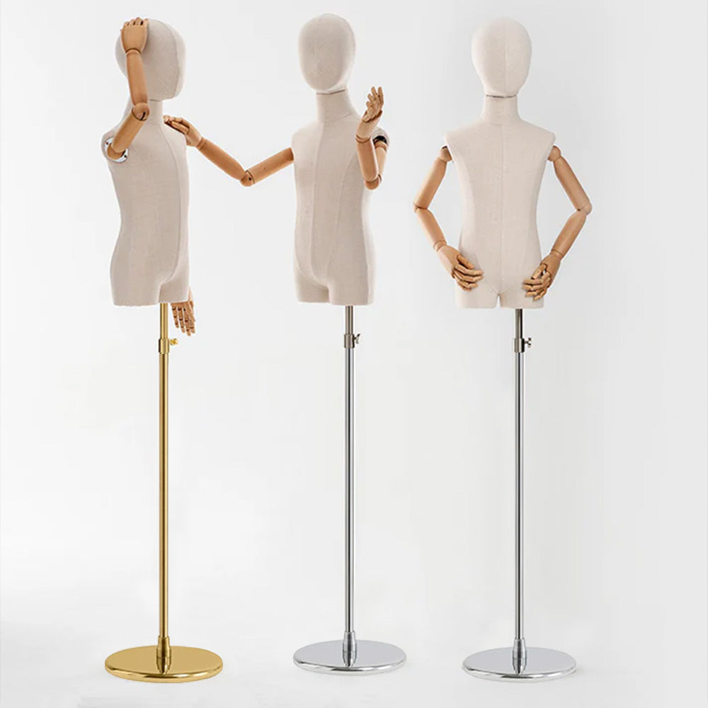 DE-LIANG Luxury Kids Mannequin with Wooden Arms, Canvas Fabric SML size Child Half Body Dress Form Model for Cloth Display, Bamboo Linen De-Liang Dress Forms
