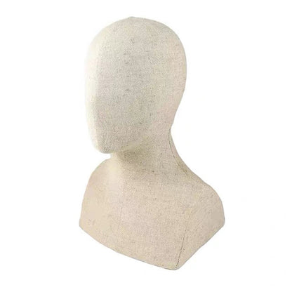 DE-LIANG Linen & Wooden Head Model Display Stand — Jewelry, Wig & Hat Display Mannequin Head | Boutique Countertop Mannequin Bust for Necklaces, Hats, Wigs & Accessories