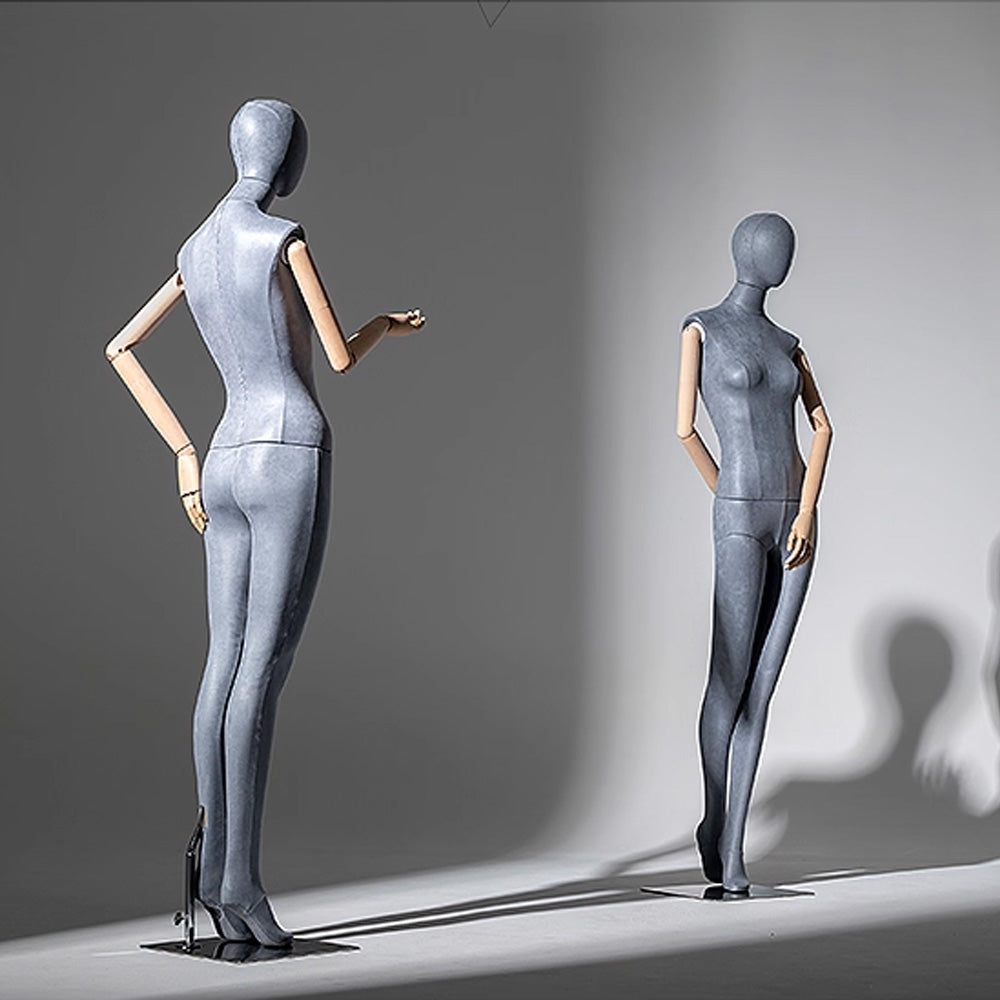 Grey Suede Female Full Body Mannequin with Wooden Arms