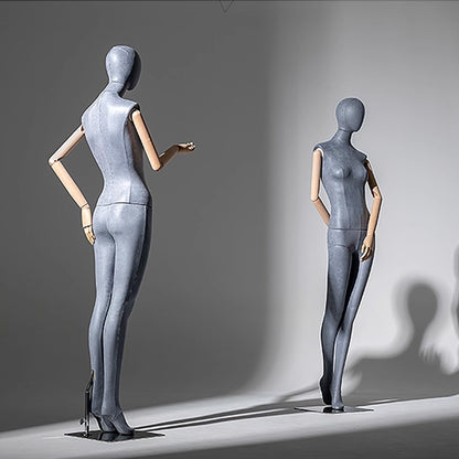 Grey Suede Female Full Body Mannequin with Wooden Arms