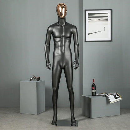 Male Full Body Painting Mannequin, Adult Men Fiberglass Display Mannequin Black White Matt Finish with Golden Face Half Face/Full Gold Head DE-LIANG