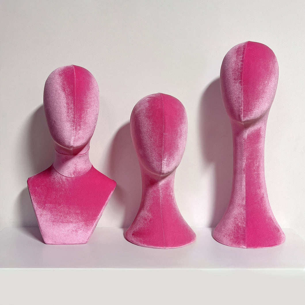 Luxurious Pink Velvet Head Model, Fully Pinnable Cloth Head Mannequin, Head Hat Stand/Display, lace Head Wig Stand, Hat Rack w/ Fabric DLA45-VPK/DLA38-VPK/DLA50-VPK