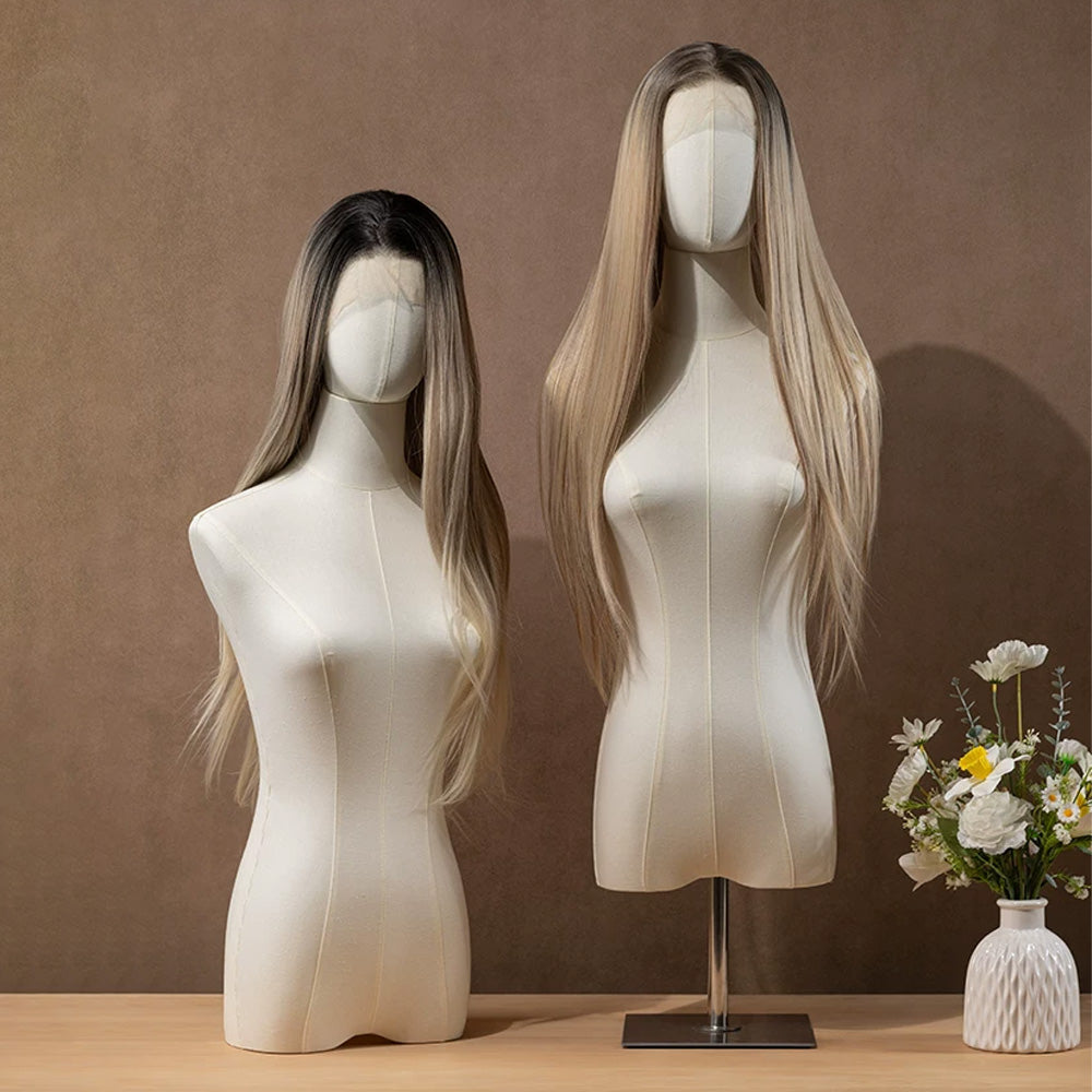 DE-LIANG Linen Mannequin Head Stand for Wigs Hats Scarves Display with Adjustable Base