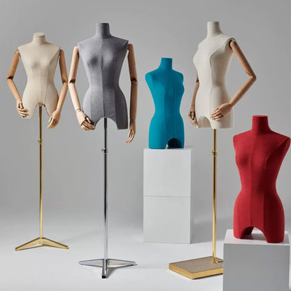 DE-LIANG Maniquí de cuerpo entero, modelo de exhibición de tela de terciopelo para mujer, hombre y niño con brazos de madera, maniquí de torso para vestidos, ropa, maniquí, conjunto de maniquíes familiares