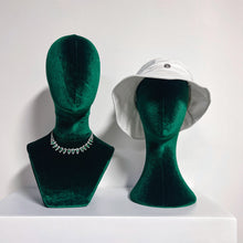 Load image into Gallery viewer, Luxurious Green Velvet Head Model, Fully Pinnable Cloth Head Mannequin, Head Hat Stand/Display, lace Head Wig Stand, Hat Rack w/ Fabric DLB38-VGR/DLB45-VGR/DLB50-VGR
