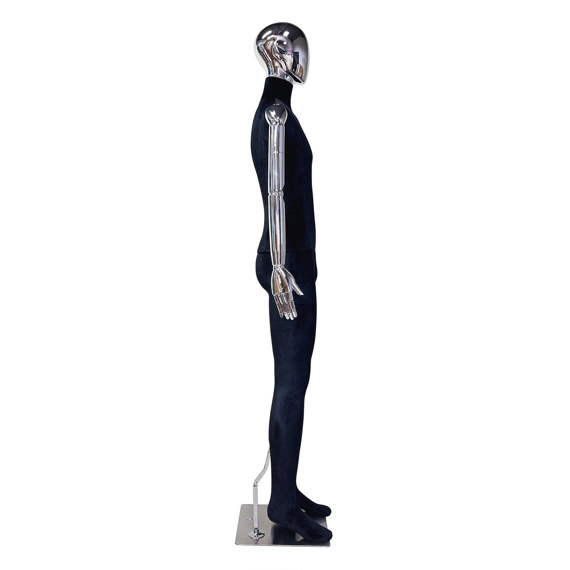 DE-LIANG Black Velvet Male Full Body Mannequin: Silver Arms & Base, Men Display mannequin