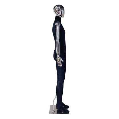 DE-LIANG Black Velvet Male Full Body Mannequin: Silver Arms & Base, Men Display mannequin