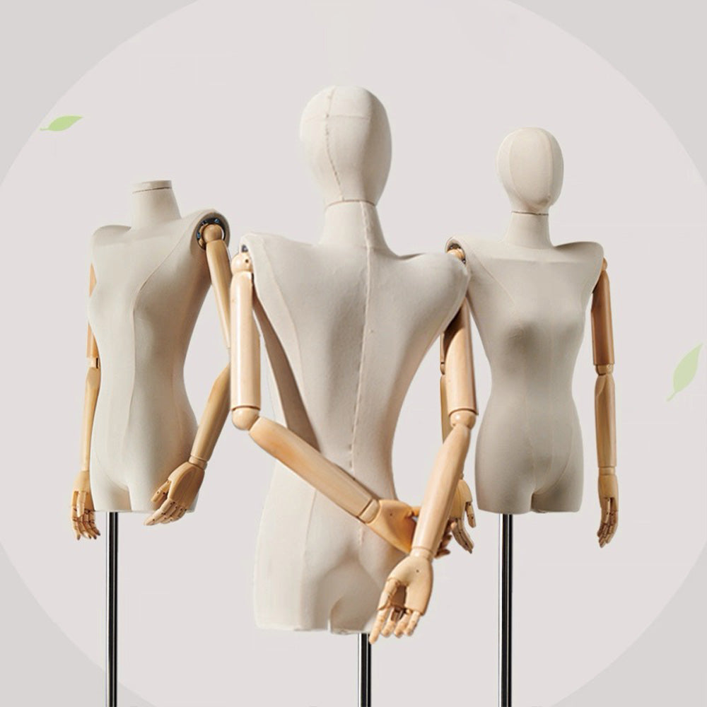 DE-LIANG Female Half Body Mannequin Torso with Wooden Arms & Metal Base