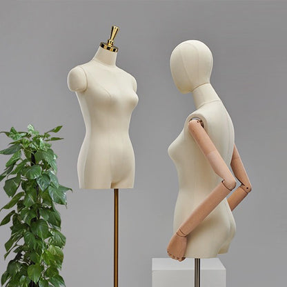 Natural Beige Female Half Body Mannequin With Adjustable Gold Square Base and Wooden Arms,Golden Head Cover Female Mannequin Dress Form DL0071 De-Liang Dress Forms