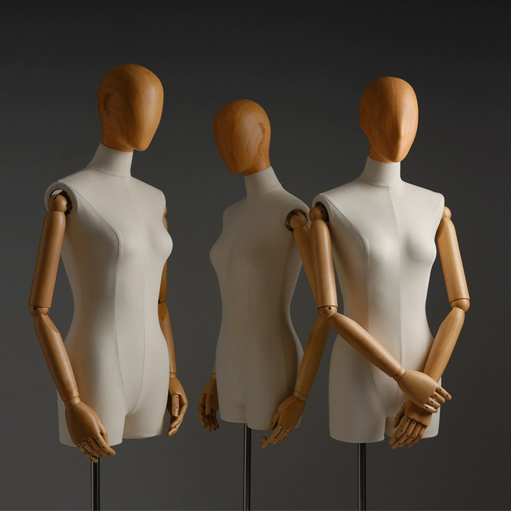 DE-LIANG Female Half Body Mannequin,Linen Display Mannequin with Fiberglass Head With Wooden Effection for Fashion Cloth Dressmaker Dummy DE-LIANG