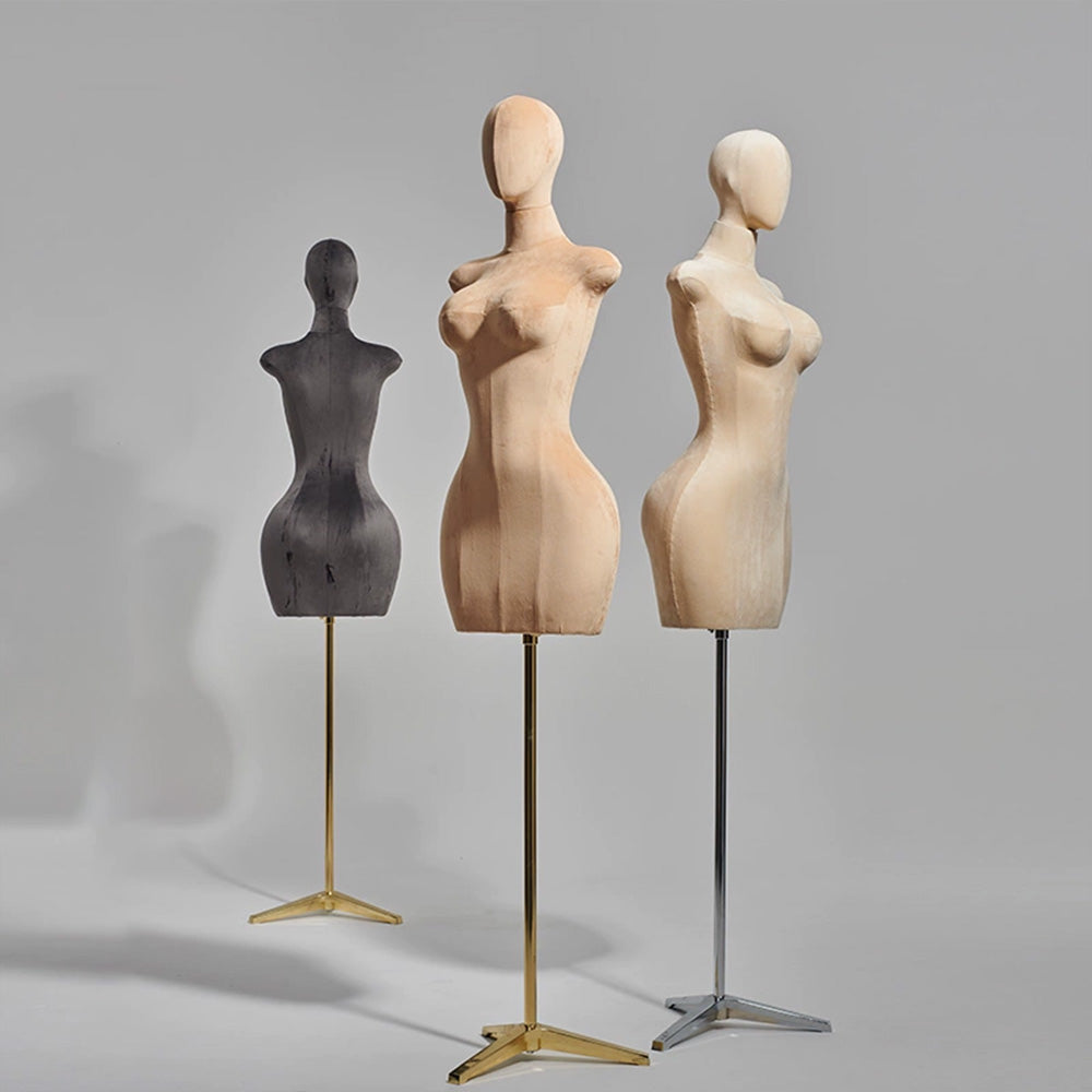DE-LIANG Maniquí femenino de lujo de talla grande con brazos dorados, maniquí de torso de gamuza rosa, modelo de exhibición de torso de maniquí de talla grande