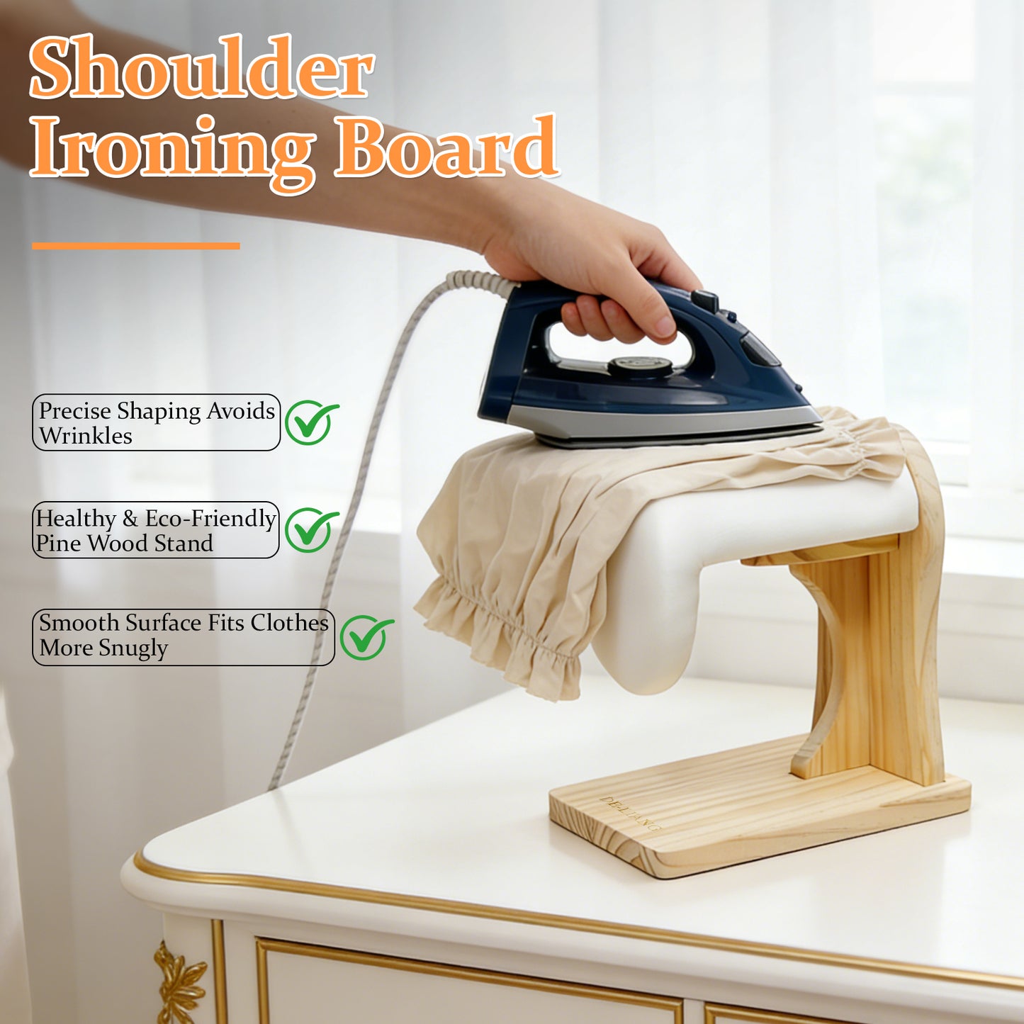 DE-LIANG Shoulder Ironing Board – Sleeve Press with Pine Wood Base & Cotton Cover