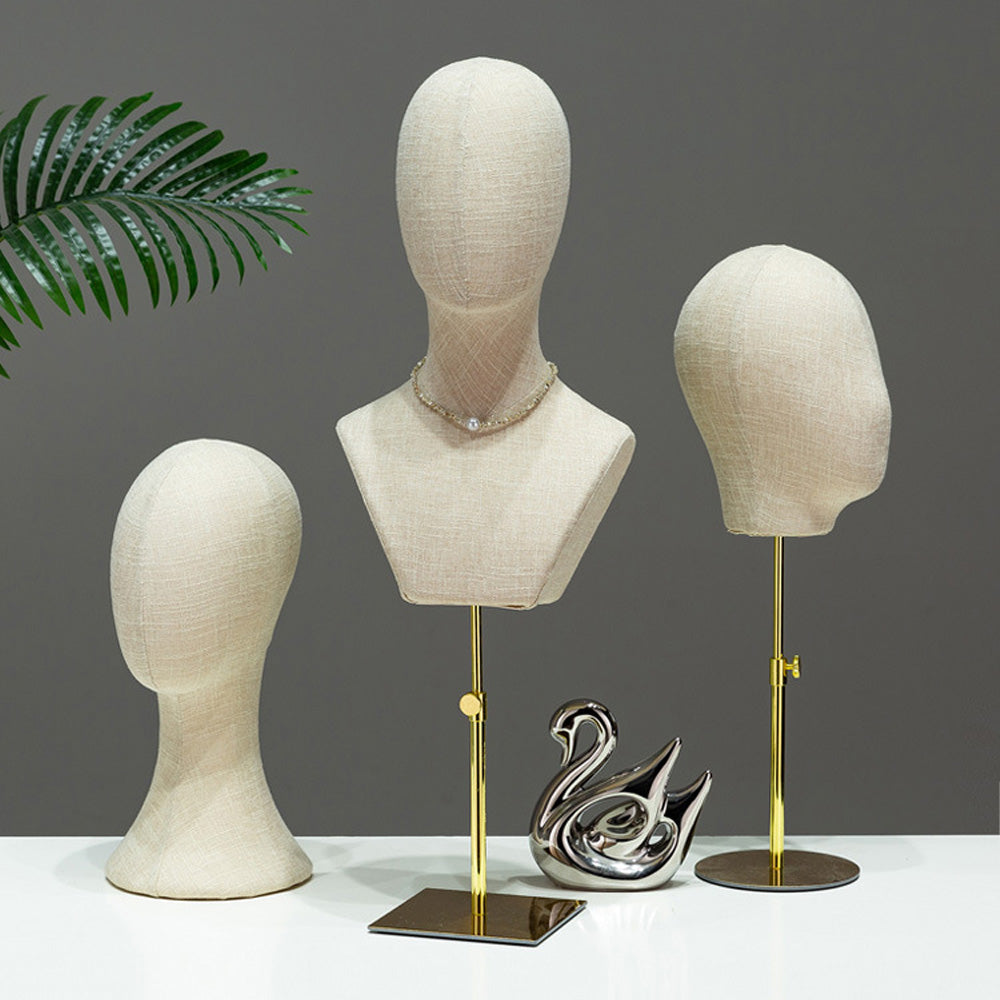 DE-LIANG Fully Pinnable Linen Mannequins Head,Bamboo linen Display Manikin Head Stand With Golden Round Base, Detachable Adjustable Heigh Pole