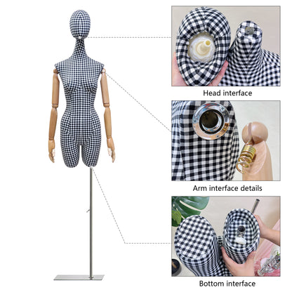 Fashion Female Fabric Mannequin, Woman Half Body Display Plaid Cloth Long Neck Twist Head Model Dressform with Wooden Arms, Linen Fabric, - De-Liang Dress Forms