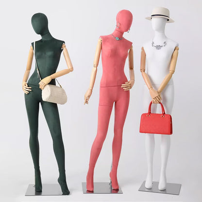 DE-LIANG Suede Female Full Body Mannequin with Wooden Arms,Coloful Fabric Dress Form Display Model for Clothing Stores