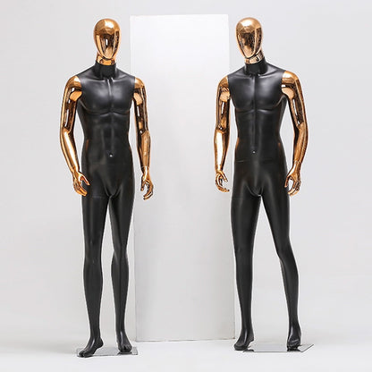 Maniquí masculino de cuerpo entero para exhibición, cabeza dorada con espejo y brazos dorados, fibra de vidrio negra para escaparate, 1 pieza.