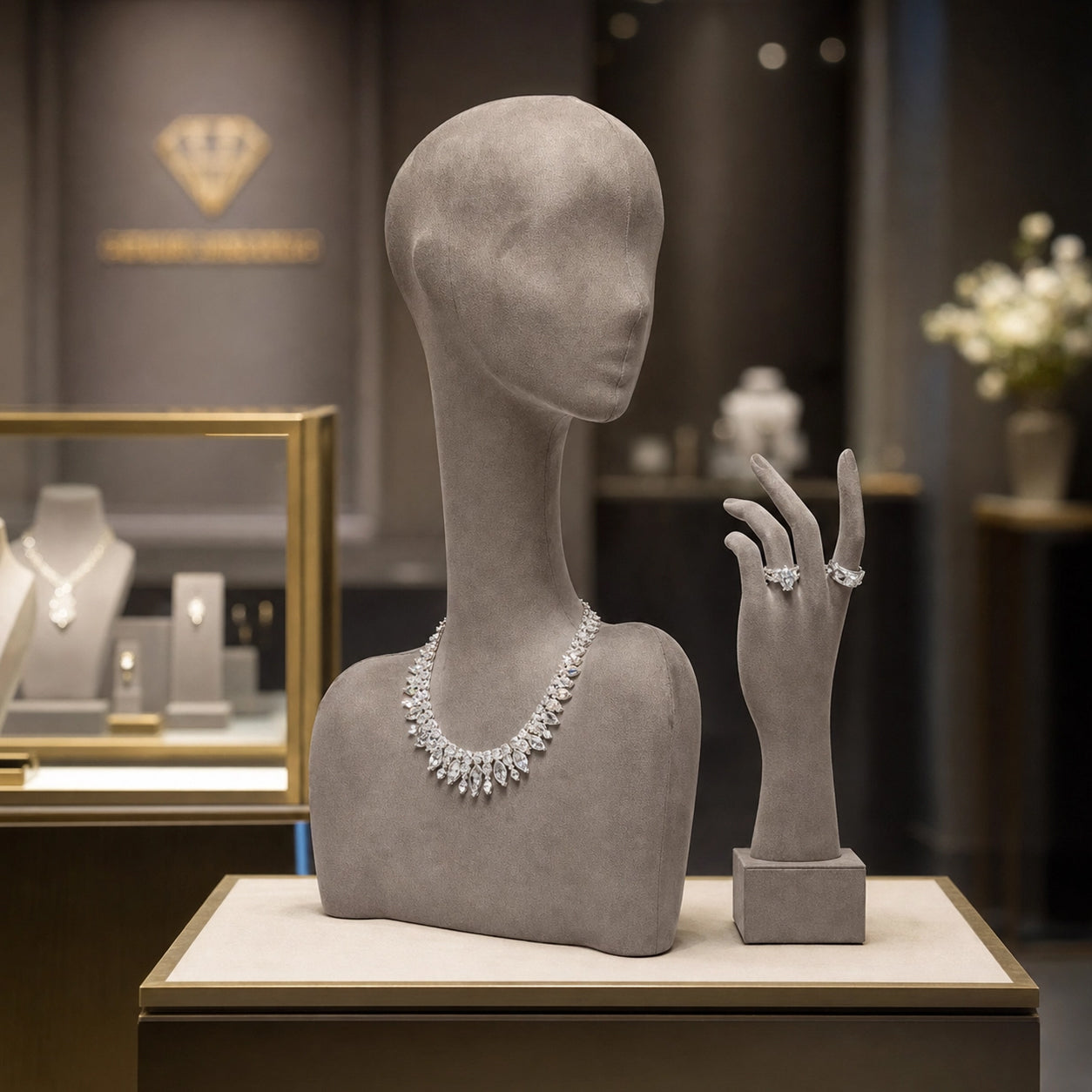 DE-LIANG Swan Neck Velvet Mannequin Head, Fiberglass Wig & Jewelry Display