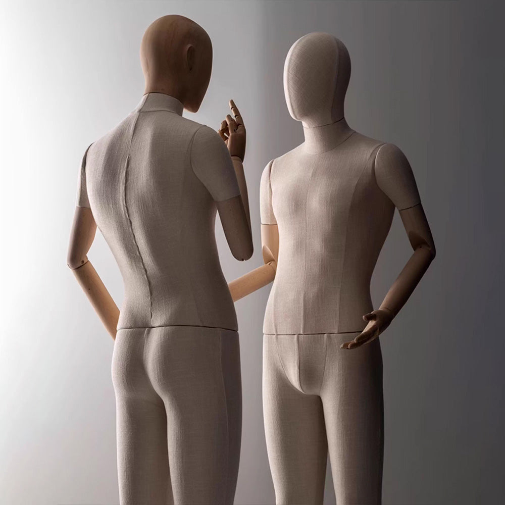 DE-LIANG Linen Full Body Mannequin: Sitting Display Form with Wooden Arms