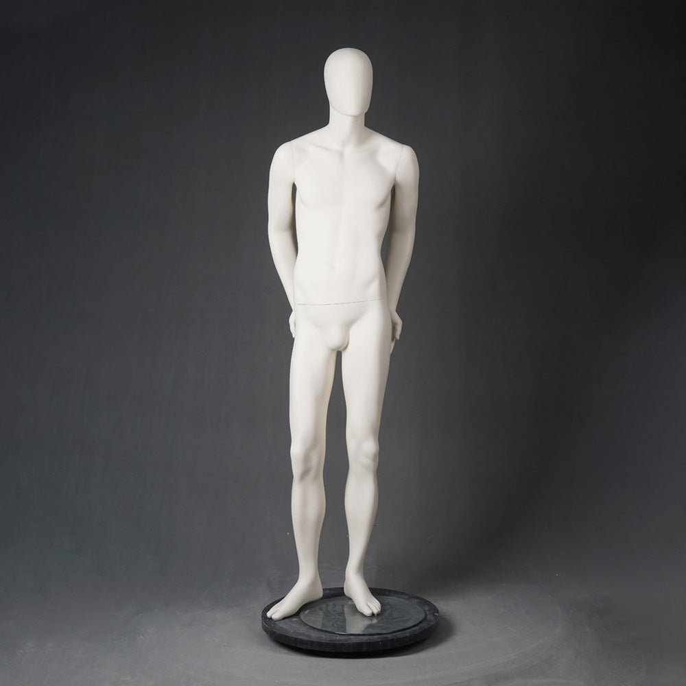 DE-LIANG Male Full Body Mannequins Set | White Fiberglass Dress Form Display with Adjustable Wooden Arms | Standing & Sitting Male Mannequin for Clothing Store Window Display