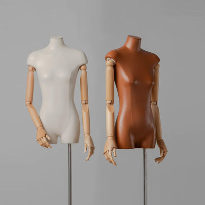 Maniquí femenino de lujo de medio cuerpo, torso de tela de cuero de moda, modelo de busto, maniquí de cabeza con brazo de madera, exhibición de ropa femenina.