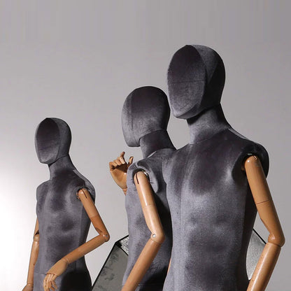 Hight Quality Velvet Male Full Body Mannequin,Grey Velvet Male Mannequi with Wooden Arms,Stand Dress Form Torso Prop for Clothes Display DE-LIANG