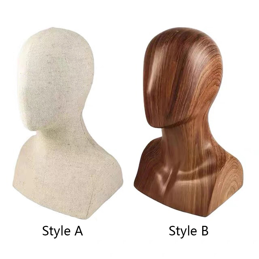 DE-LIANG Linen & Wooden Head Model Display Stand — Jewelry, Wig & Hat Display Mannequin Head | Boutique Countertop Mannequin Bust for Necklaces, Hats, Wigs & Accessories