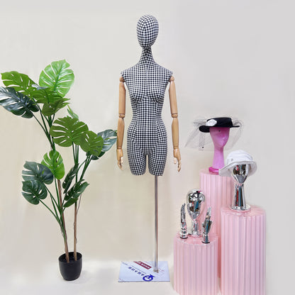 Fashion Female Fabric Mannequin, Woman Half Body Display Plaid Cloth Long Neck Twist Head Model Dressform with Wooden Arms, Linen Fabric, - De-Liang Dress Forms