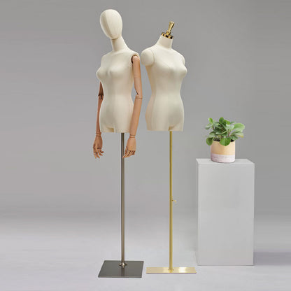 Natural Beige Female Half Body Mannequin With Adjustable Gold Square Base and Wooden Arms,Golden Head Cover Female Mannequin Dress Form DL0071 De-Liang Dress Forms