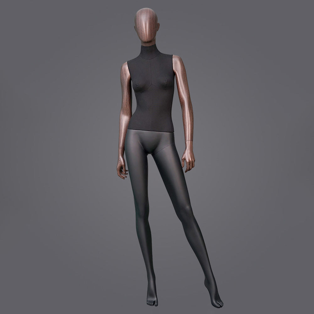 DE-LIANG Female Full Body Mannequin with Rose Gold Arms,Abstract Head Fiberglass Display Model,Black Fashion Boutique Window Display Mannequin for Clothing Stores