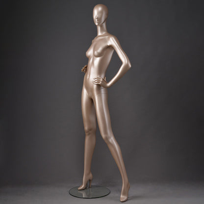 DE-LIANG Glossy Champagne Full Body Female Mannequins with Facial Features– Luxury Fiberglass Dress Form Display Dummy for Boutique Window, Clothing Store & Fashion Showcase