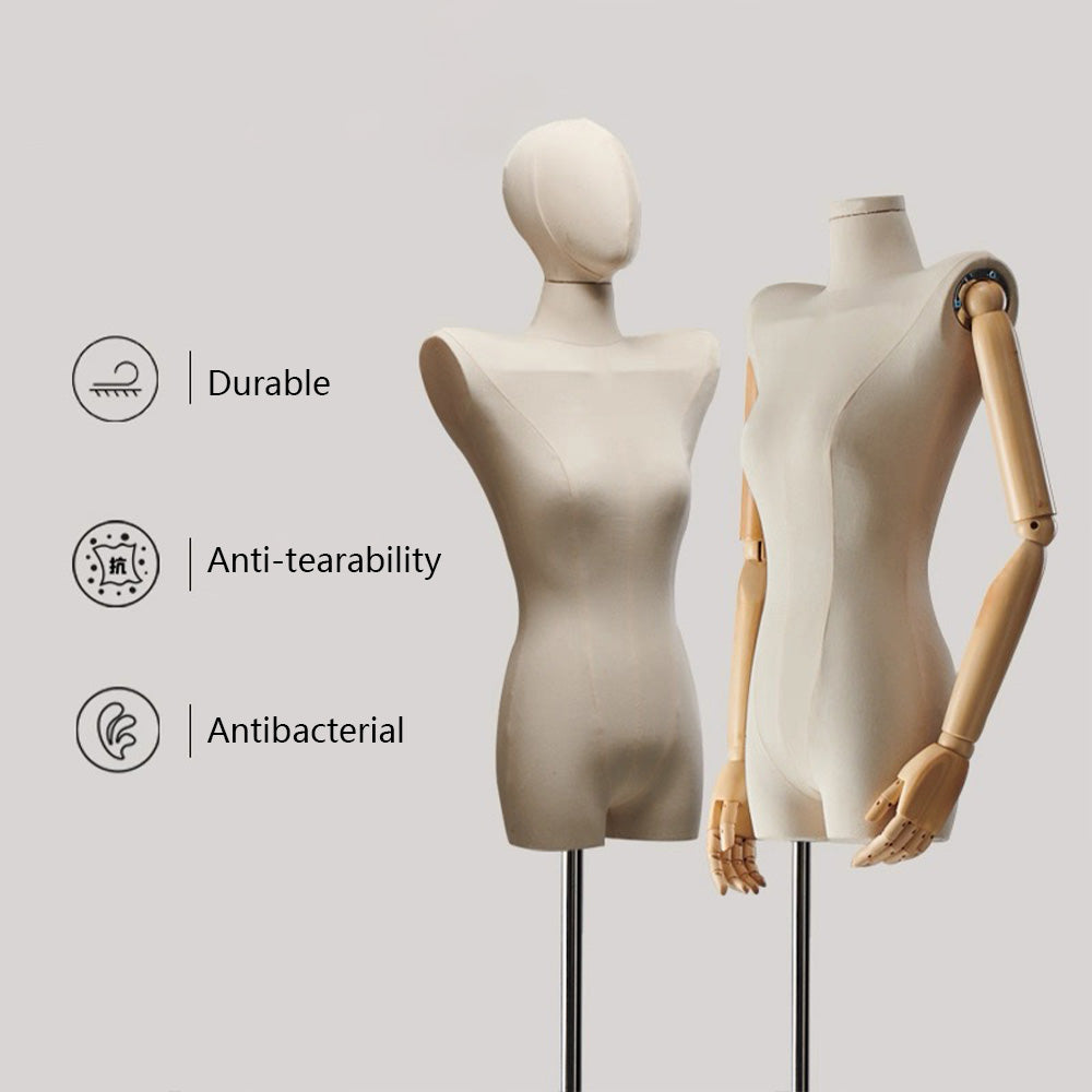 DE-LIANG Female Half Body Mannequin Torso with Wooden Arms & Metal Base
