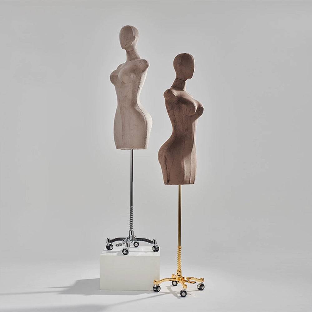 DE-LIANG Maniquí femenino de lujo de talla grande con brazos dorados, maniquí de torso de gamuza rosa, modelo de exhibición de torso de maniquí de talla grande