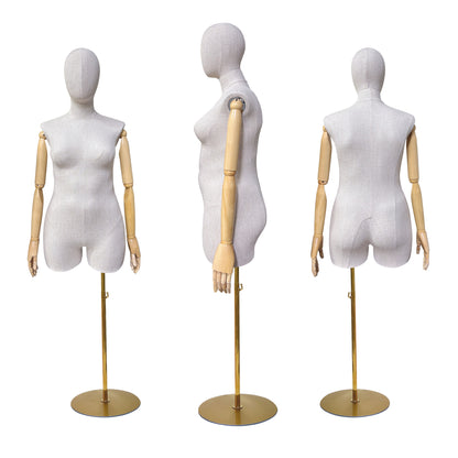 Adult Female Plus Size Torso Mannequin,Half Body Mannequin Torso,Bamboo Linen Fabric Clothing Dress Form,Adult Props with Wooden Arms,Mannequin for Cloth Window Display DE-LIANG