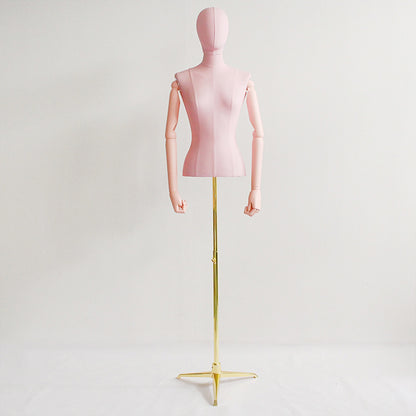 DE-LIANG Leather Female Half Body Mannequin with Arms & Gold Base – Luxury Dress Form Torso, Fiberglass Display Model for Boutique Clothing, Jewelry & Fashion Window Display