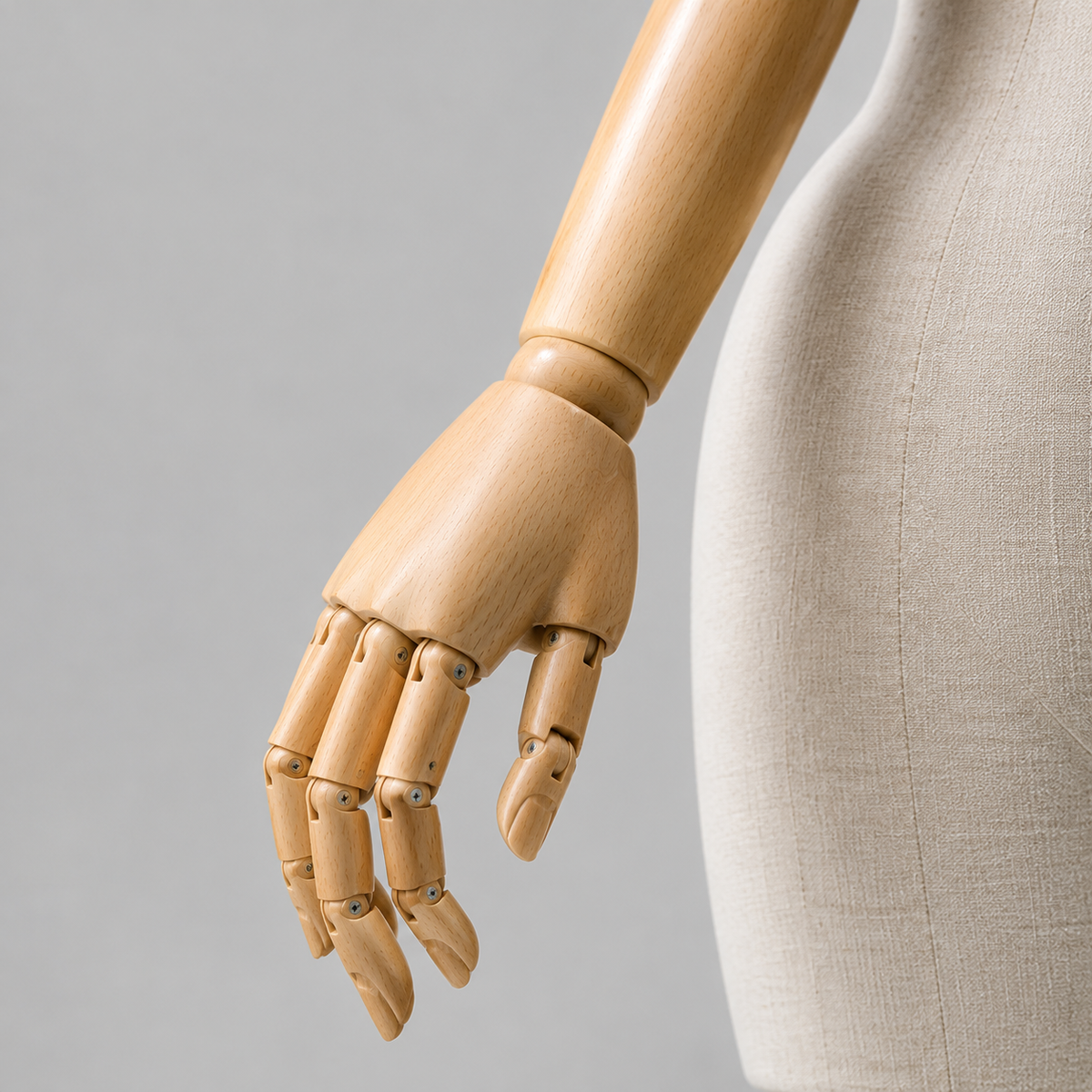 Close-up of a female mannequin's articulated wooden hand and wrist beside its textured bamboo linen torso.