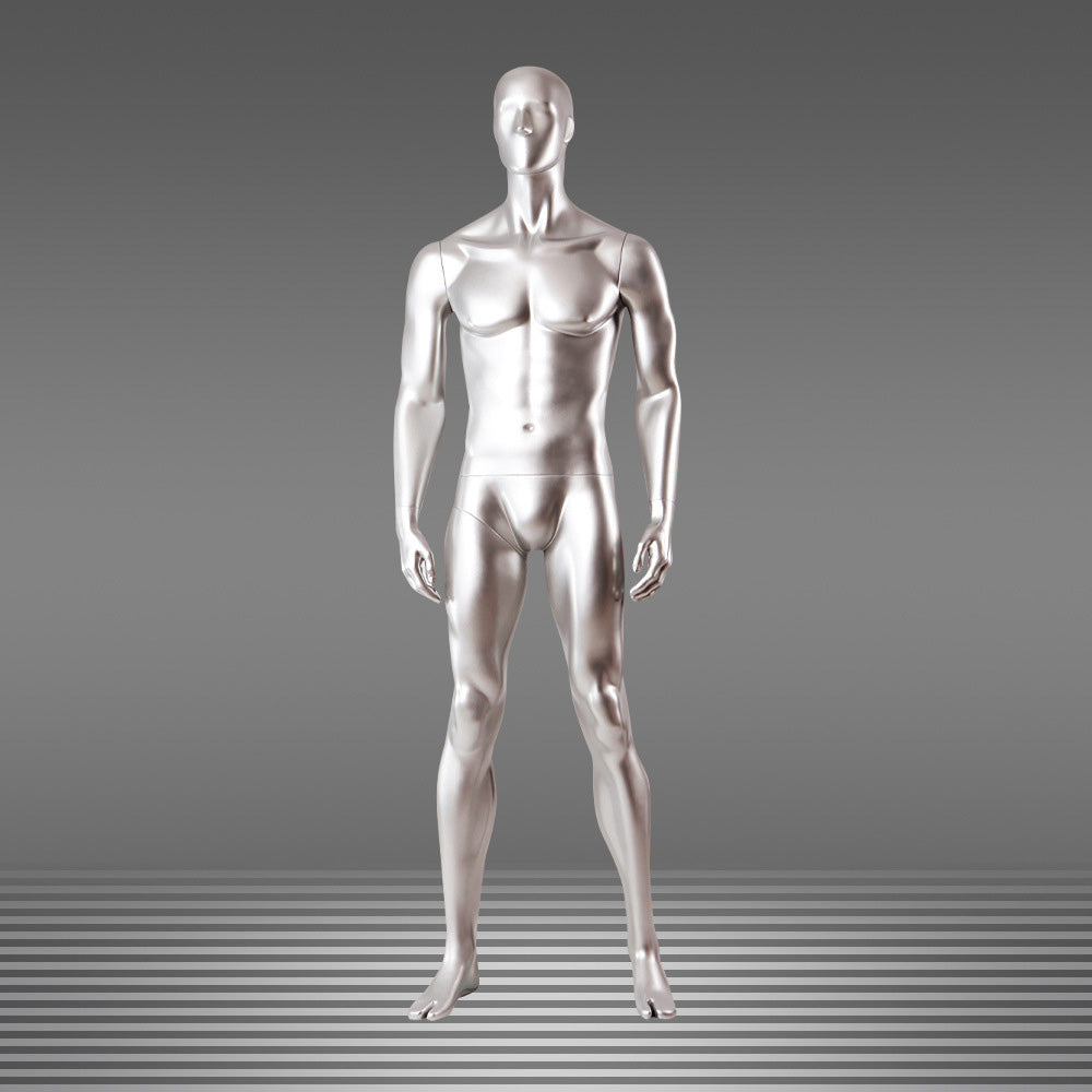 DE-LIANG Male Full Body Mannequins Set | Silver Fiberglass Dress Form Display with  Arms | Standing & Sitting Male Mannequin for Clothing Store Window Display