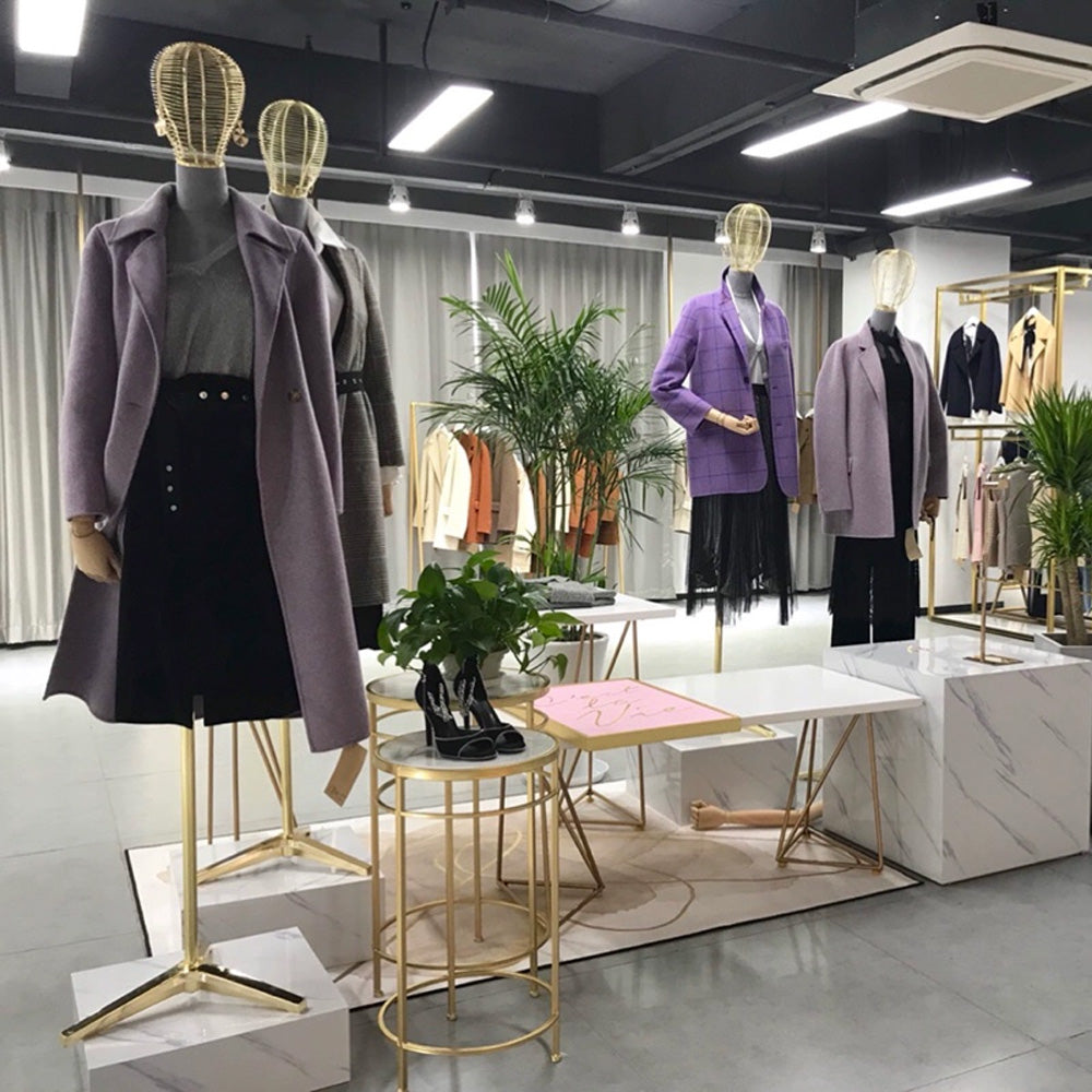 DE-LIANG Female Suede Mannequin With Golden Metal Head, Elegant Female Half Body Clothing Rack For Fashioin Store, Apparel Hanger Dummy DL0062 DE-LIANG