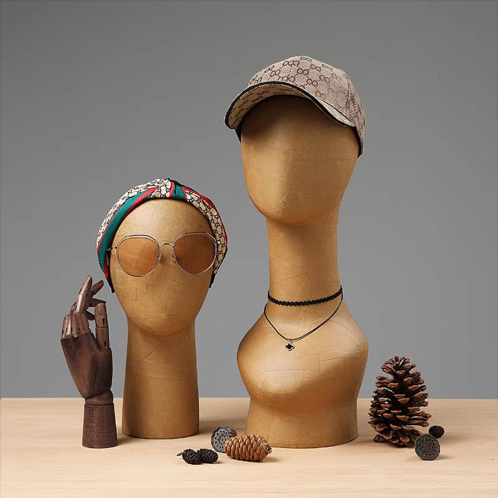 De-LIANG High Quality Female Head Mannequin Bust Retro Kraft Paper Wooden Boutique for Scarf Necklace DL2306