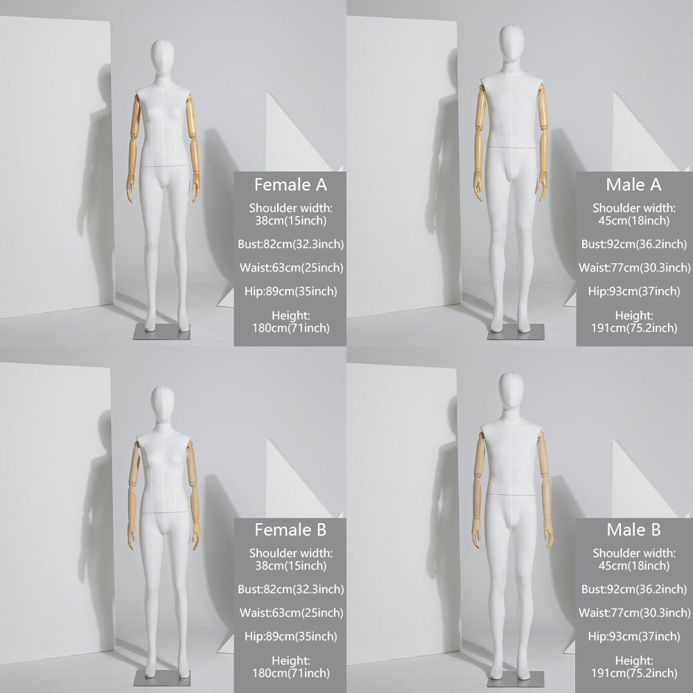 Quality Linen Fabric Display Mannequin, Female Male white linen clothing display model with wooden arms, dress form for window display. DE-LIANG