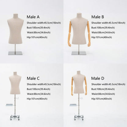 DE-LIANG Female/Male Headless Mannequins Torso With Removeable Wooden Arms,Linen Fabric Fiberglass Mannequins,Gray Dress Form Fabric Suit Pants Rack Display,Half Body Torso With Silver Cross Base