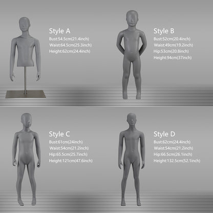 DE-LIANG Grey Kids Full Body Mannequins with Arms and Base – Child Dress Form Torso with Realistic Facial Features, Adjustable Display Dummy for Store Window & Boutique Clothing Display